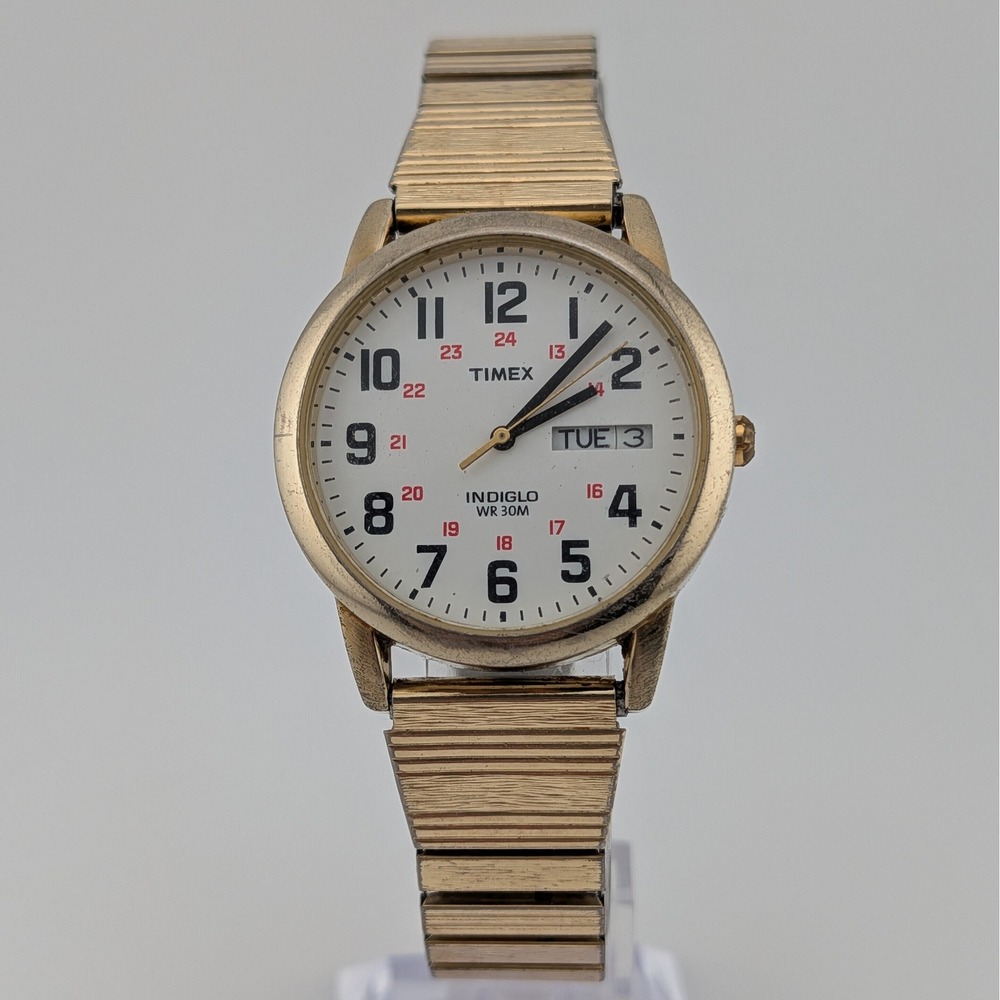 Timex Indiglo Day Date White Dial Gold Tone Stretch Band Watch WR30M
